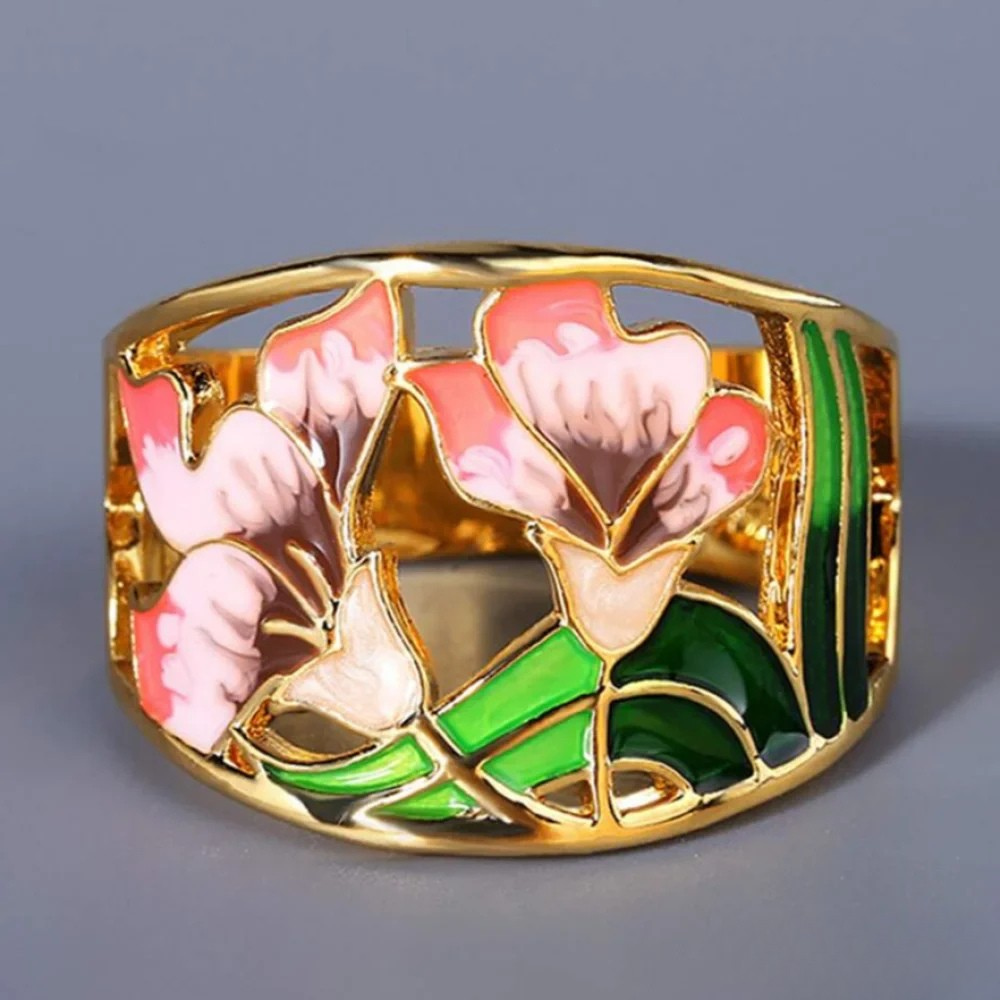 Retro Goldene Emaille Blumenring