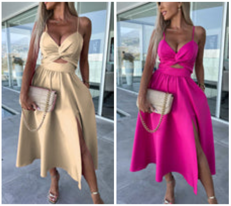 Vanette - Elegantes Träger-Midi-Kleid mit Schlitz vorne