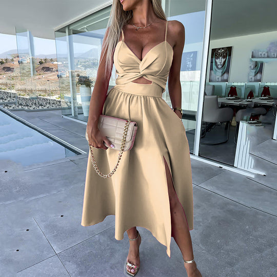 Vanette - Elegantes Träger-Midi-Kleid mit Schlitz vorne