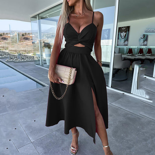 Vanette - Elegantes Träger-Midi-Kleid mit Schlitz vorne